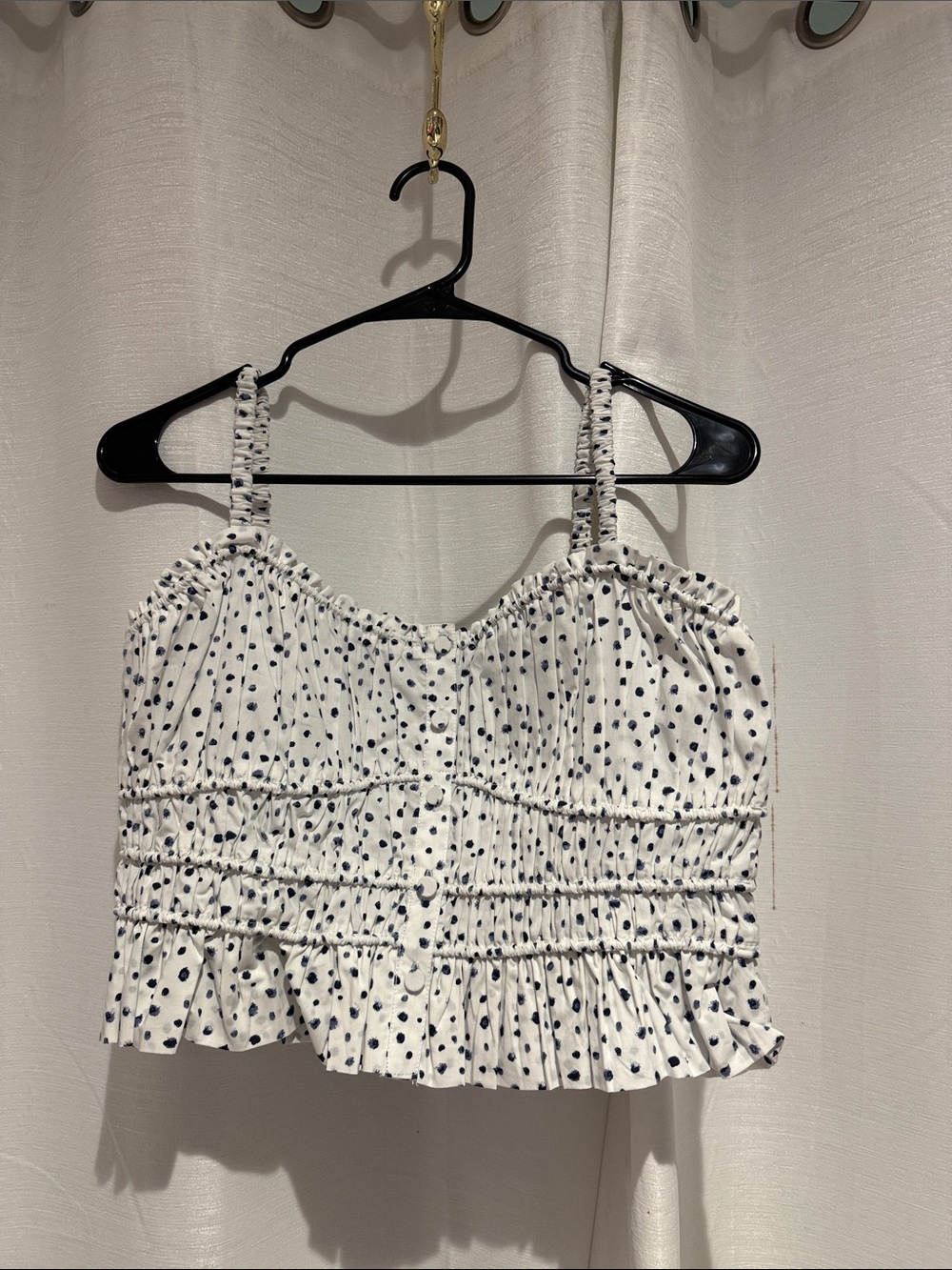 J. Crew White Smocked Crop Tank with Navy Polka Dots